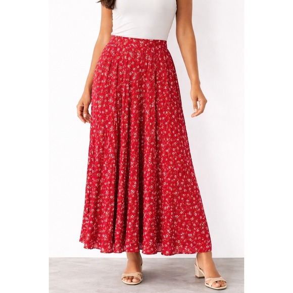 Coldwater Creek Dresses & Skirts - Coldwater Creek Womens Maxi Skirt Red Floral Pleated Rayon Boho Casual Size S